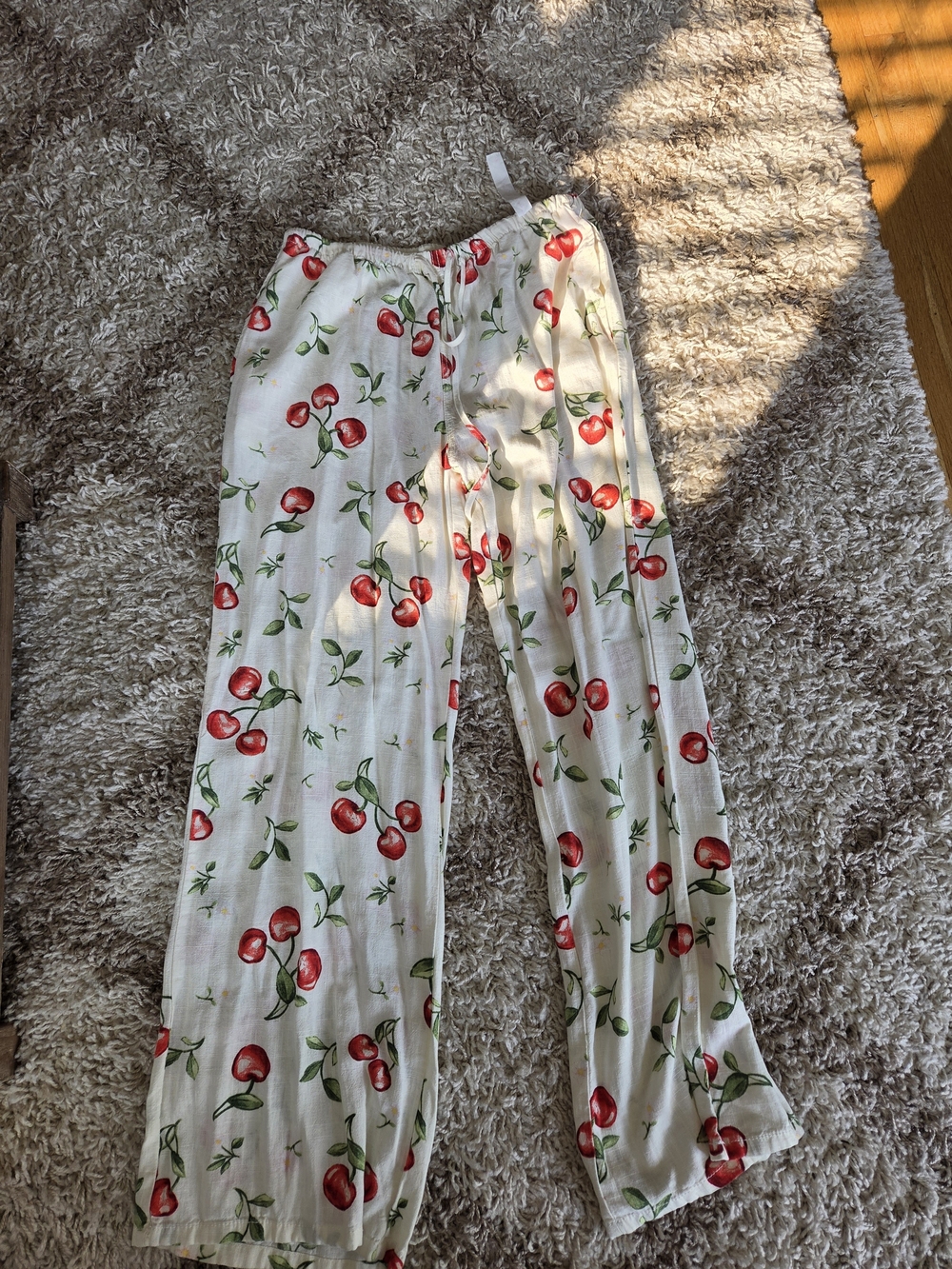 Angel Kiss Cream Wide-Leg Pants with Red Cherry Print